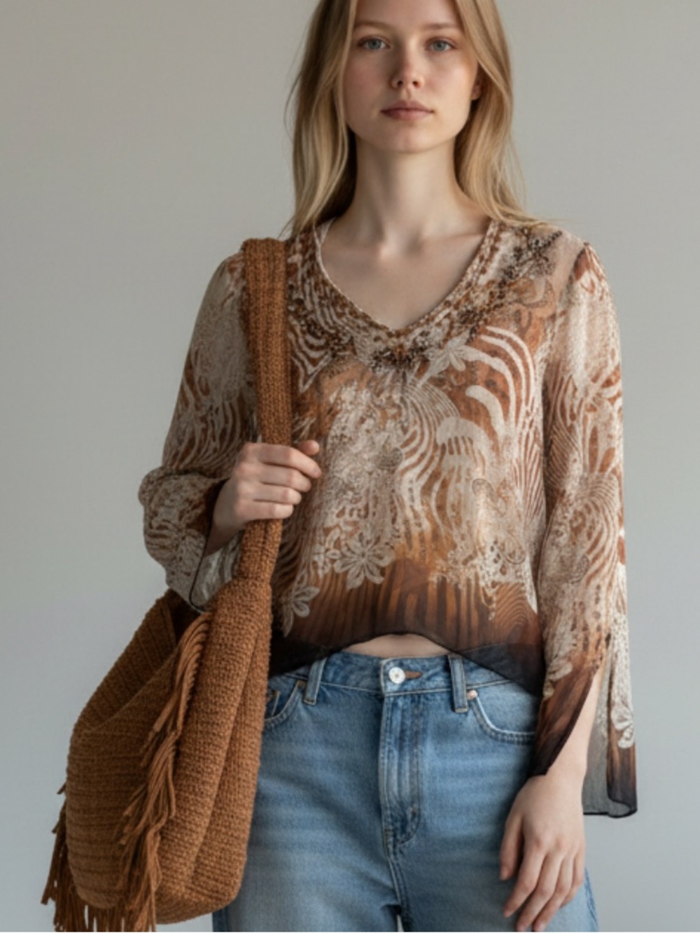 I.C.E Vintage Silk Y2K brown and beige long sleeve blouse size medium